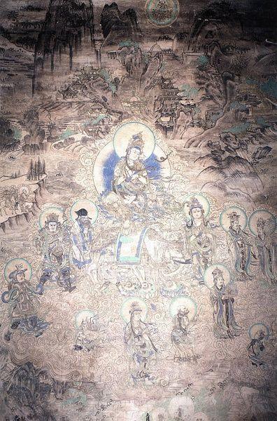 圖23:〈普賢變〉中，普賢菩薩安詳沈靜，背景林木蔥鬱，氣勢雄渾。（敦煌研究院網頁圖片）