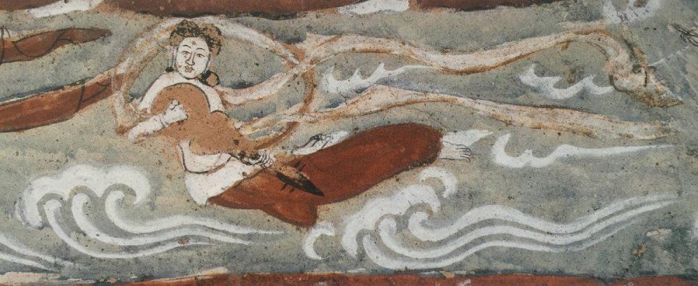 初唐（618-704）飛天，莫高窟第322窟，飛天彈敦煌壁畫特有的小葫蘆琴。（圖：商務印書館）