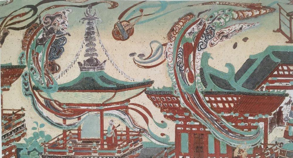 盛唐（705-781）飛天，莫高窟第217窟，穿越樓閣的飛天。（圖：商務印書館）