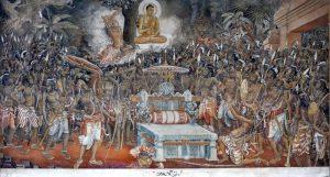 這幅壁畫位於斯里蘭卡的卡拉尼亞寺中，描述佛陀調伏戰鬥中的民族。