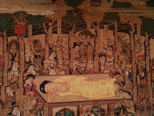 《佛陀入滅》（細部），日本伊豆時代（1600–1868），木刻手繪著色。
