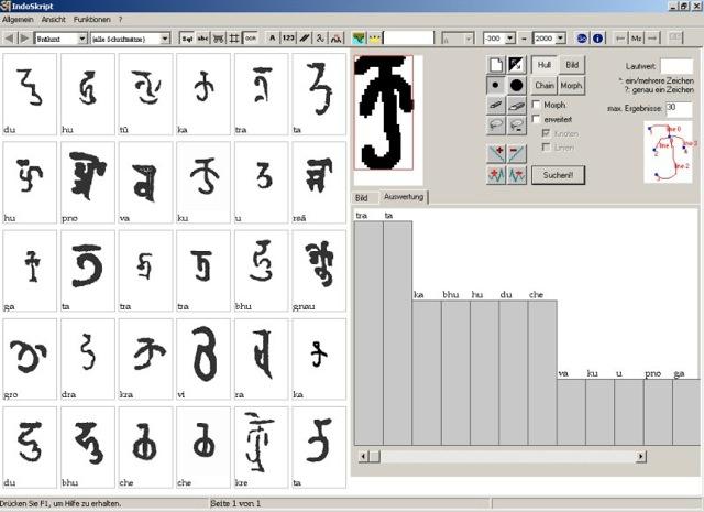 圖三:IndoSkript軟件界面,以婆羅米文“ku”字為例,辨認結果首推為“tra”和“ta”,辨認功能尚待提升。不過參考數據庫,以人眼辨認,軟件還是有參考價值。