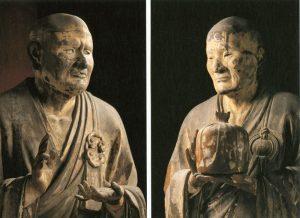 公元四世紀的無著(右)、世親(左)論師兄弟。前者造《攝大乘論》，後者則造釋。（圖為日本奈良興福寺國寶木像，雕於十三世紀。）