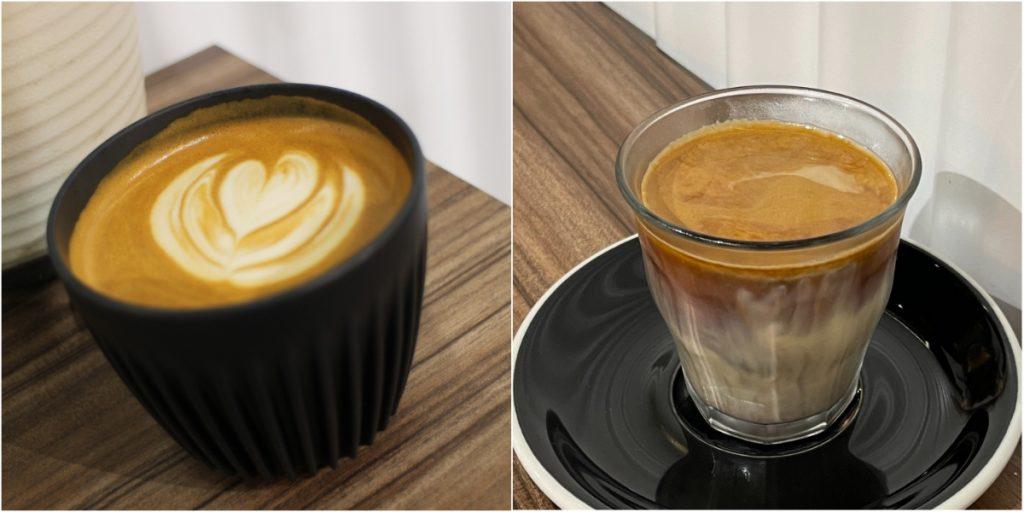 （左圖）「Flate White」是Gary當年在澳洲最喜愛喝的咖啡口味，如今則成為店內招牌咖啡，其植物奶和咖啡的分量比例剛剛好，入口非常香滑，同時喝到咖啡的香濃。（左圖）「Dirty」咖啡是以Espresso撞凍的植物奶而成，同樣甚具特色。