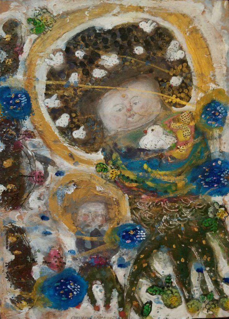 張穎儀的作品，不少皆以敦煌壁畫的佛陀本生故事為題材，畫風抽象的《割肉救鴿》是其中之一。