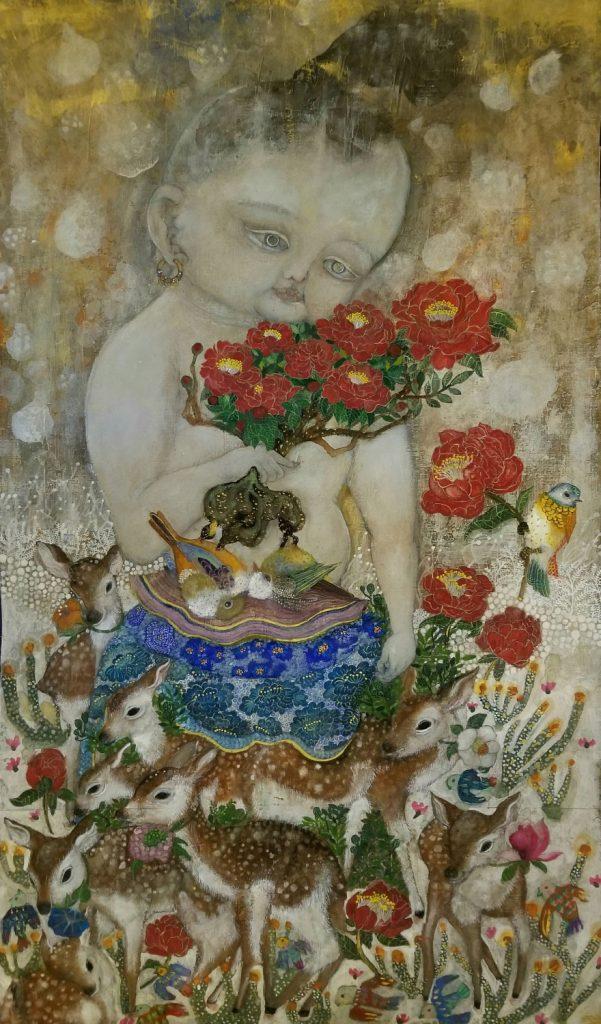 筆法細緻、色彩瑰麗的《梵志摘花》，也是取材自敦煌壁畫的佛陀本生故事。