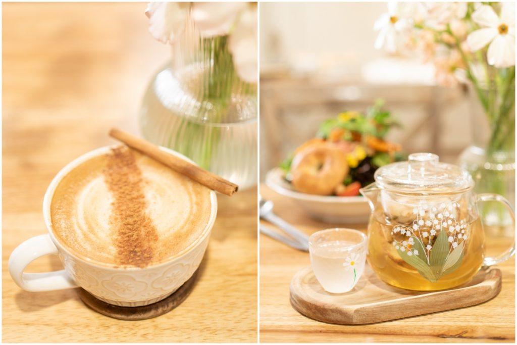 餐廳的咖啡全部可選用植物奶沖調，還有各種不同口味的特色熱茶。