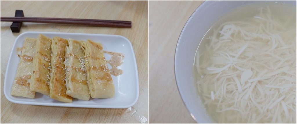 (左圖)香煎腐皮卷是中式素食,即叫即煎份外美味。(右圖)文思豆腐同樣是展現Alan刀功的中式素菜,將豆腐切得彷如絲般幼細,再加素上湯熬製而成,看似簡單一道菜,盡顯Alan的用心和功架。