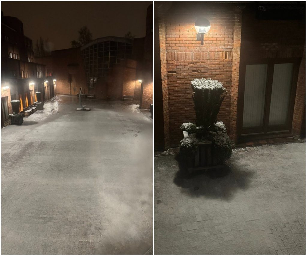 (左圖)窗外,飄雪如夢,輕覆前庭紅磚,天地一片淨白。(右圖)燈光下的映雪微光,點綴著靜謐清幽的夜色。