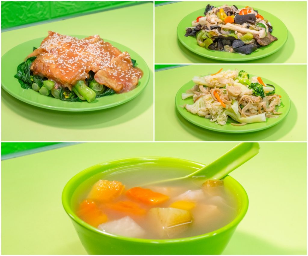 椰菜花燴素大腸根、 南乳芝麻素雞、西椒炒金菇素牛肉等都是店內受歡迎的菜式；亦有客人更特別為一碗素湯而專誠前來光顧。