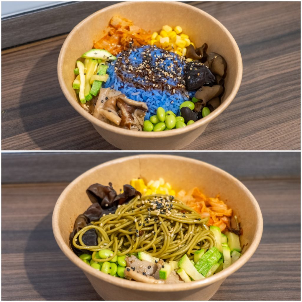 蝶豆花韓式伴飯（上圖）特別採用自家醃製的惹味泡菜，也同樣配上藍色蝶豆花飯。如果想吃得再清新一點，不妨試試韓式綠茶冷麵（下圖）。