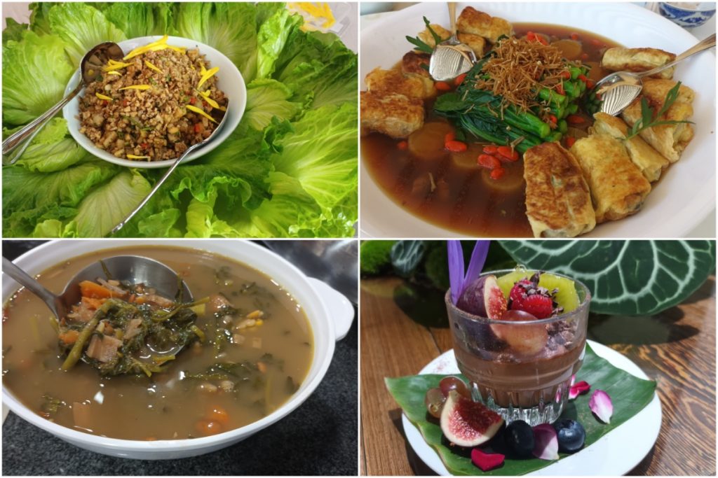 「般若妙法照十方/泰式五行天貝生菜包」(左上圖),特別選用超級食物天貝製成素肉碎,幫助大家補充蛋白質。「智覺行願菩提道/艾草腐皮卷伴上湯杞子菜芯苗」(右上圖)亦用了禪院的新鮮艾草成為腐皮卷餡料,份覺清香。「常生淨信羅漢珍湯/西洋菜羅漢果蓮藕柴火湯」(左下圖)是衍空法師和衍偉法師十分欣賞的素湯,湯料十足,很有老火湯風味。「精進緣巧和合生/純素法式焦糖燉蛋」(右下圖)就是惟晟法師提及的法式純素甜品,讓大家知道原來不加蛋奶,一樣可吃到香滑美味的甜點。