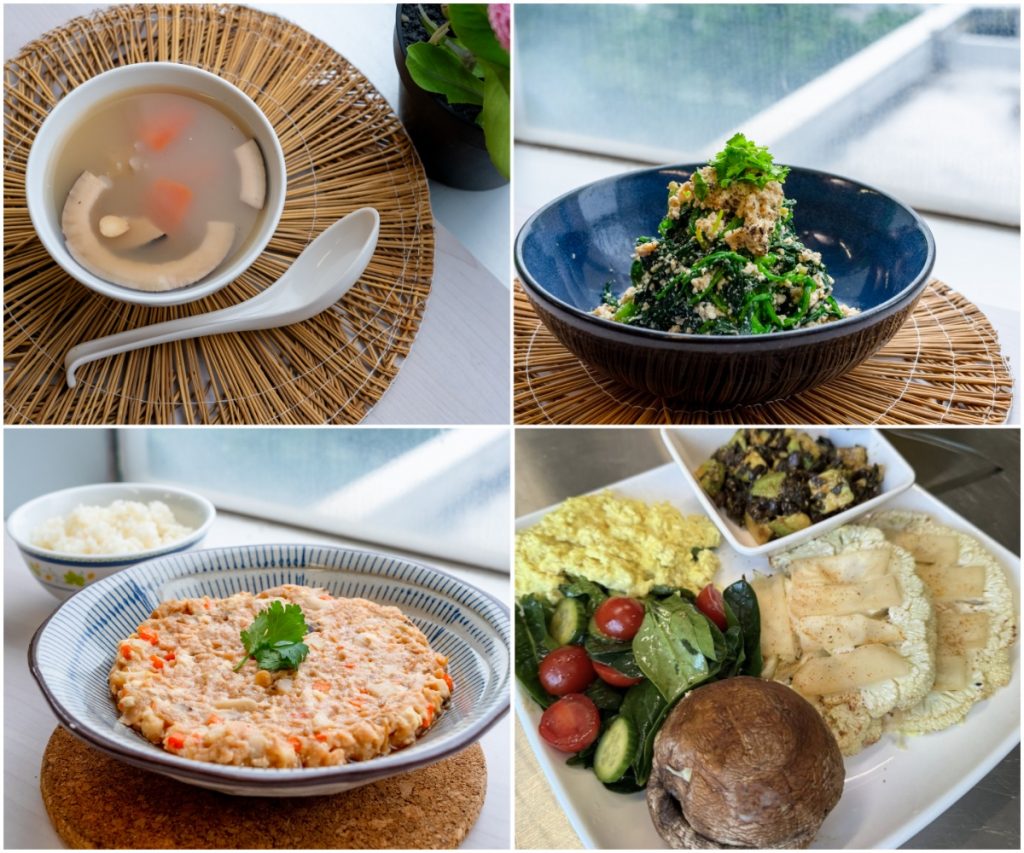 Ken當日示範了和風豆腐醬拌菠菜苗(左上)、印度椰子五指毛桃花生雪耳湯(右上)和馬蹄花菇菜脯植物肉餅(左下)三道素菜;而他在第一堂示範的純素全日早餐(右下),也獲同學們讚不絕口(圖:Veggie 365、素食教煮)。