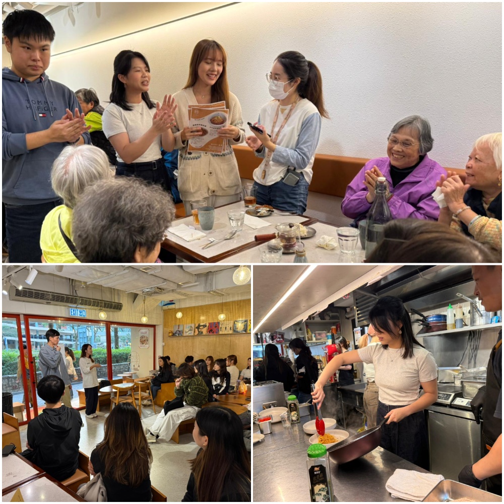 同學們上月底來到黃埔「素年」素食餐廳,為一班老友記炮製美味素食;「素年」老闆Kay和Kit,以及一班員工亦在現場指導他們(圖:受訪者提供)。