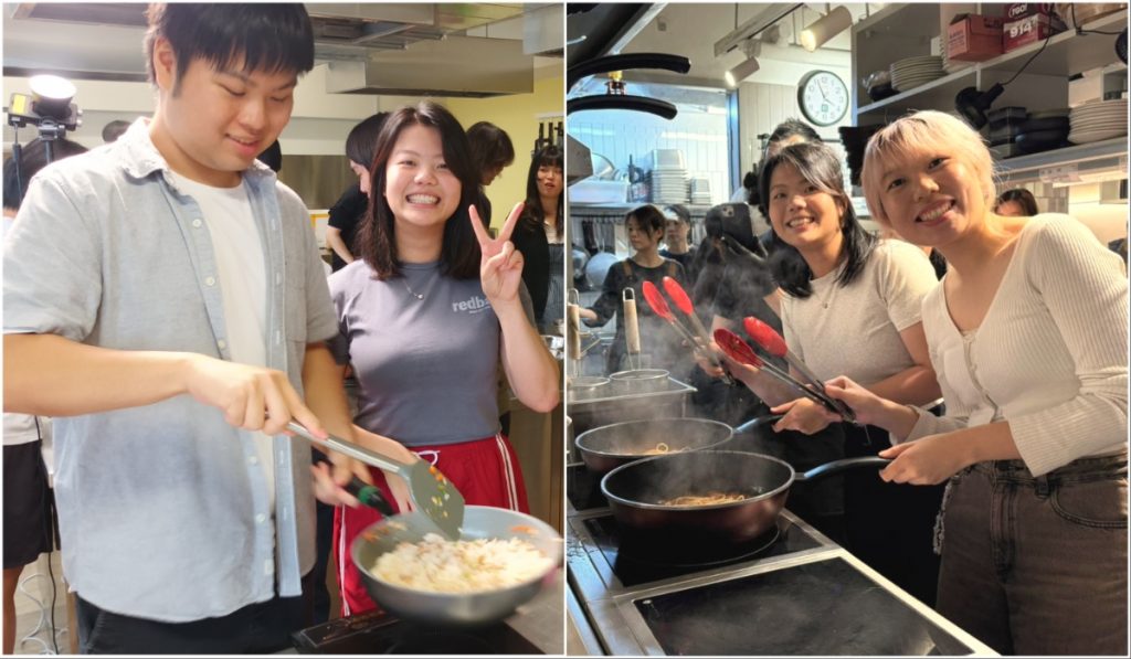 學生Traye(右圖右)對素食教煮示範的素菜大感驚艷,Carmen(右圖左)則表示這通識課程令她對素食改觀;Daniel(左圖左)希望日後能多煮素食,認為對健康有好處。