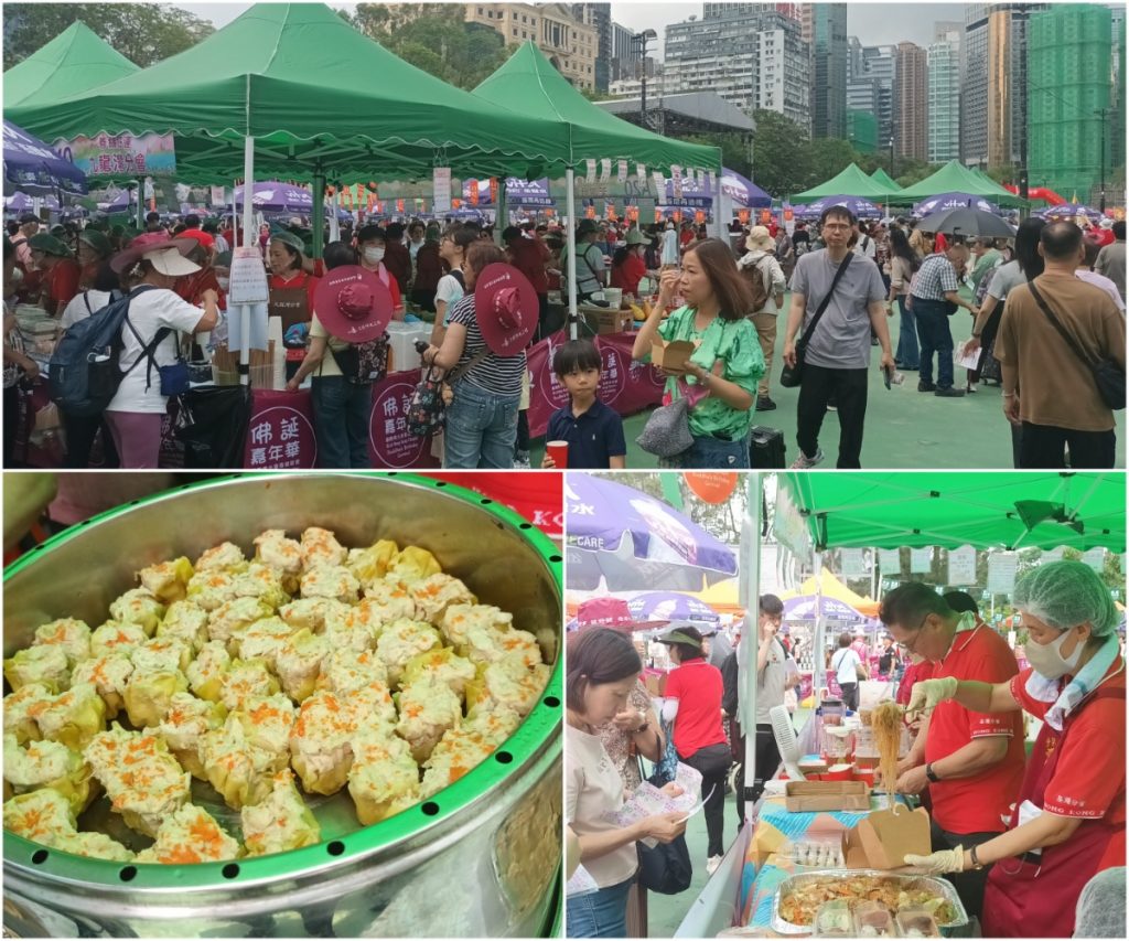 嘉年華當天有逾百個攤檔，市民可品嘗不同風味素食、玩攤位遊戲，亦有抄經活動，十分多元化。