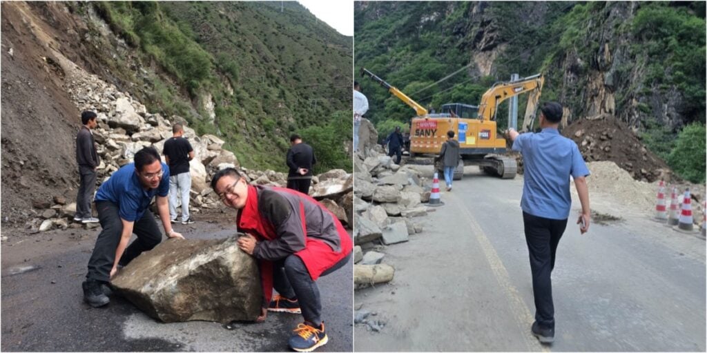 山路塌方，廖Sir充當臨時指揮，帶領學生與村民一起清理巨石。
