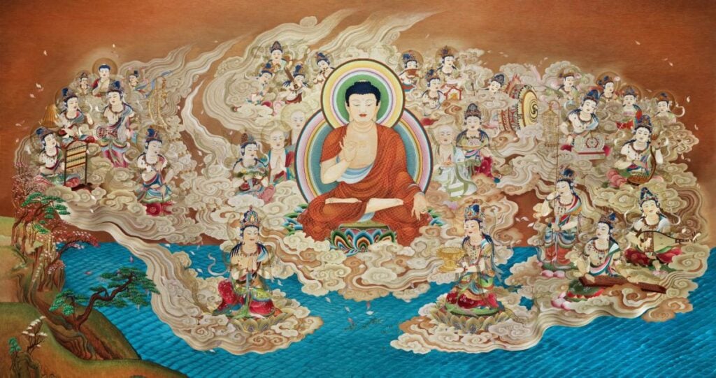 《阿彌陀佛與二十五菩薩來迎圖》(闊1620毫米 高990毫米)由國家級非遺代表性傳承人、蘇繡大師張美芳帶領七位技師耗時兩年完成。