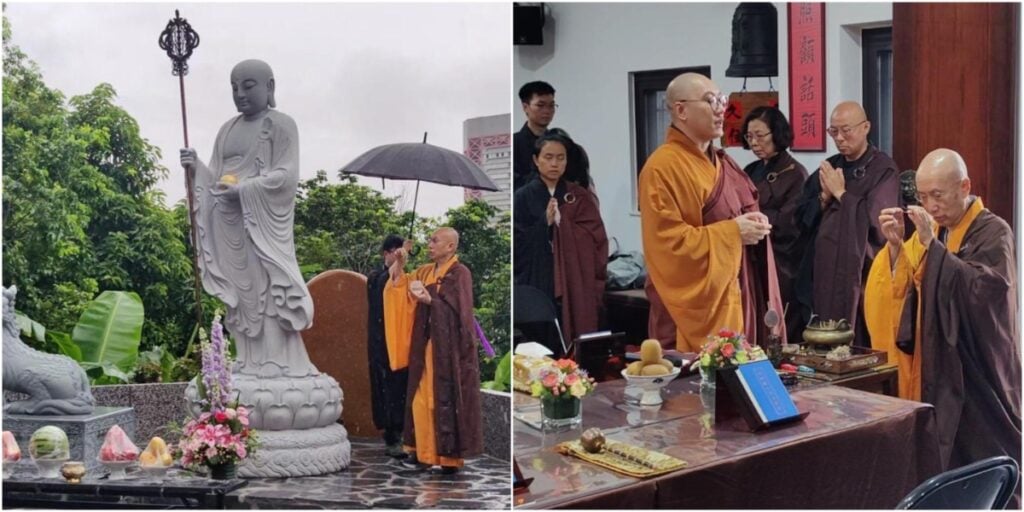 衍空法師當日負責為地藏菩薩聖像灑淨,期間下著微微細雨(圖:圓覺禪院)。
